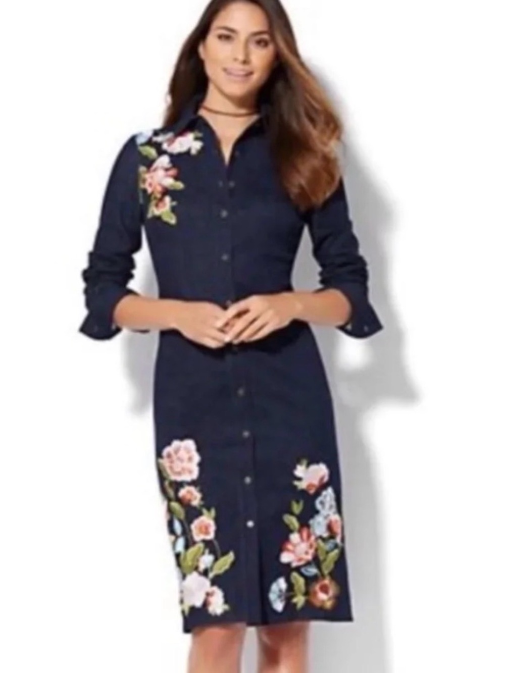 New York & Company Denim Floral Embroidered Long Sleeve Shirt Dress